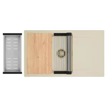 HD Onyx Beige 86-XL egymedencés gránit mosogatótálca szett, csepegtetőtálcával, vágódeszkával, acél csepegtetőráccsal és kosárral, soft bézs színben, szálcsiszolt arany leeresztő szifonnal