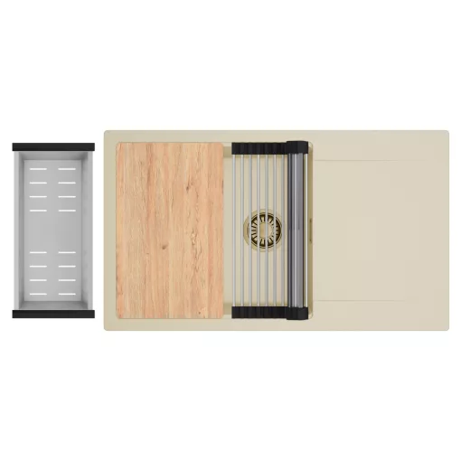 HD Onyx Beige 86-XL egymedencés gránit mosogatótálca szett, csepegtetőtálcával, vágódeszkával, acél csepegtetőráccsal és kosárral, soft bézs színben, szálcsiszolt arany leeresztő szifonnal