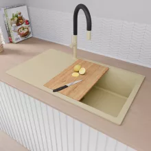 HD Onyx Beige 86-XL egymedencés gránit mosogatótálca szett, csepegtetőtálcával, vágódeszkával, acél csepegtetőráccsal és kosárral, soft bézs színben, szálcsiszolt arany leeresztő szifonnal