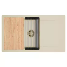 HD Onyx Beige 86-XL egymedencés gránit mosogatótálca szett, csepegtetőtálcával, vágódeszkával, acél csepegtetőráccsal, soft bézs színben, szálcsiszolt arany leeresztő szifonnal