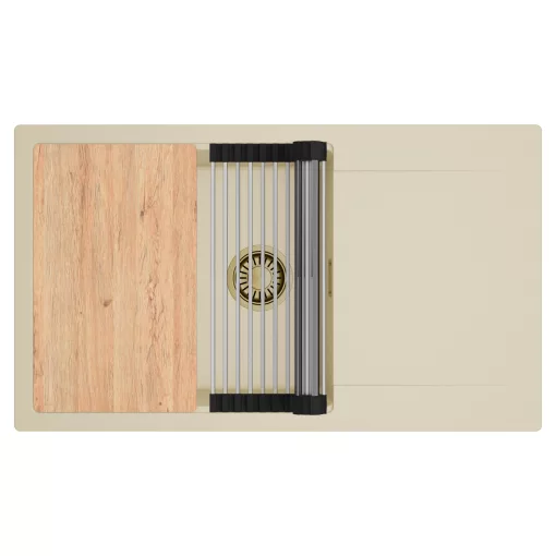 HD Onyx Beige 86-XL egymedencés gránit mosogatótálca szett, csepegtetőtálcával, vágódeszkával, acél csepegtetőráccsal, soft bézs színben, szálcsiszolt arany leeresztő szifonnal