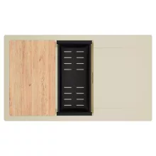 HD Onyx Beige 86-XL egymedencés gránit mosogatótálca szett, csepegtetőtálcával, vágódeszkával, matt fekete csepegtetőkosárral, soft bézs színben, szálcsiszolt arany leeresztő szifonnal