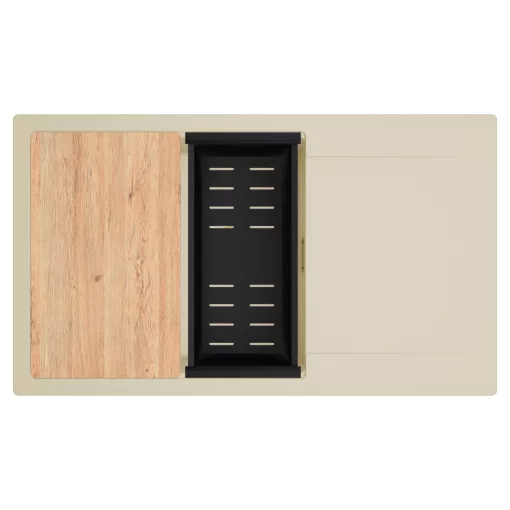 HD Onyx Beige 86-XL egymedencés gránit mosogatótálca szett, csepegtetőtálcával, vágódeszkával, matt fekete csepegtetőkosárral, soft bézs színben, szálcsiszolt arany leeresztő szifonnal