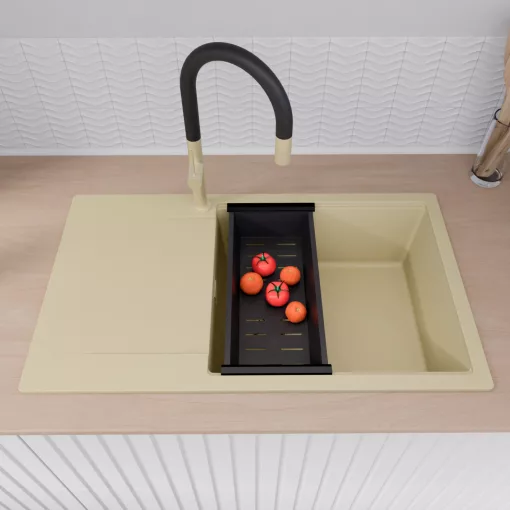 HD Onyx Beige 86-XL egymedencés gránit mosogatótálca szett, csepegtetőtálcával, vágódeszkával, matt fekete csepegtetőkosárral, soft bézs színben, szálcsiszolt arany leeresztő szifonnal