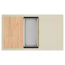 HD Onyx Beige 86-XL egymedencés gránit mosogatótálca szett, csepegtetőtálcával, vágódeszkával, acél csepegtetőkosárral, soft bézs színben, szálcsiszolt arany leeresztő szifonnal