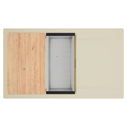 HD Onyx Beige 86-XL egymedencés gránit mosogatótálca szett, csepegtetőtálcával, vágódeszkával, acél csepegtetőkosárral, soft bézs színben, szálcsiszolt arany leeresztő szifonnal