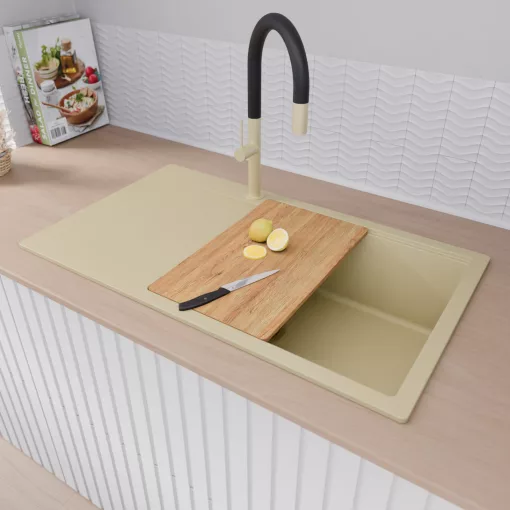 HD Onyx Beige 86-XL egymedencés gránit mosogatótálca szett, csepegtetőtálcával, vágódeszkával, acél csepegtetőkosárral, soft bézs színben, szálcsiszolt arany leeresztő szifonnal