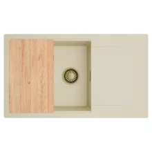 HD Onyx Beige 86-XL egymedencés gránit mosogatótálca, vágódeszkával, soft bézs színben, szálcsiszolt arany leeresztő szifonnal