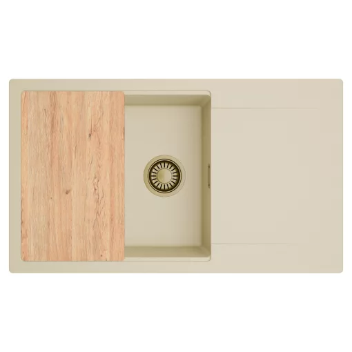 HD Onyx Beige 86-XL egymedencés gránit mosogatótálca, vágódeszkával, soft bézs színben, szálcsiszolt arany leeresztő szifonnal