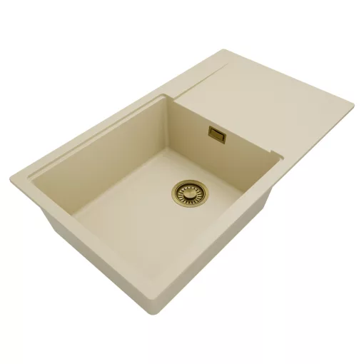 HD Onyx Beige 86-XL egymedencés gránit mosogatótálca, vágódeszkával, soft bézs színben, szálcsiszolt arany leeresztő szifonnal