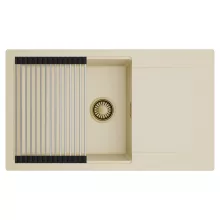 HD Onyx Beige 86-XL egymedencés mosogatótálca szett, acél csepegtetőráccsal, csepegtetőtálcával, soft bézs színben, szálcsiszolt arany leeresztő szifonnal