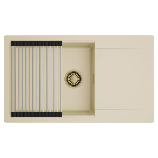 HD Onyx Beige 86-XL egymedencés mosogatótálca szett, acél csepegtetőráccsal, csepegtetőtálcával, soft bézs színben, szálcsiszolt arany leeresztő szifonnal