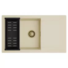 HD Onyx Beige 86-XL egymedencés mosogatótálca szett, matt fekete csepegtetőkosárral, csepegtetőtálcával, soft bézs színben, szálcsiszolt arany leeresztő szifonnal