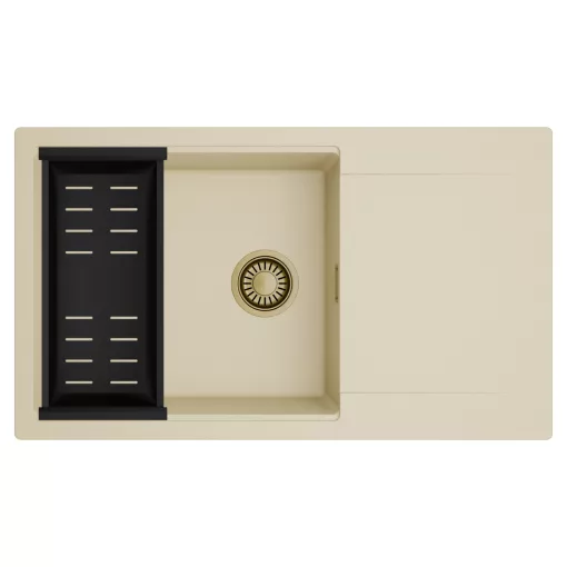 HD Onyx Beige 86-XL egymedencés mosogatótálca szett, matt fekete csepegtetőkosárral, csepegtetőtálcával, soft bézs színben, szálcsiszolt arany leeresztő szifonnal