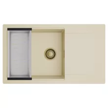 HD Onyx Beige 86-XL egymedencés mosogatótálca szett, acél csepegtetőkosárral, csepegtetőtálcával, soft bézs színben, szálcsiszolt arany leeresztő szifonnal