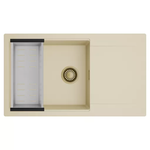 HD Onyx Beige 86-XL egymedencés mosogatótálca szett, acél csepegtetőkosárral, csepegtetőtálcával, soft bézs színben, szálcsiszolt arany leeresztő szifonnal