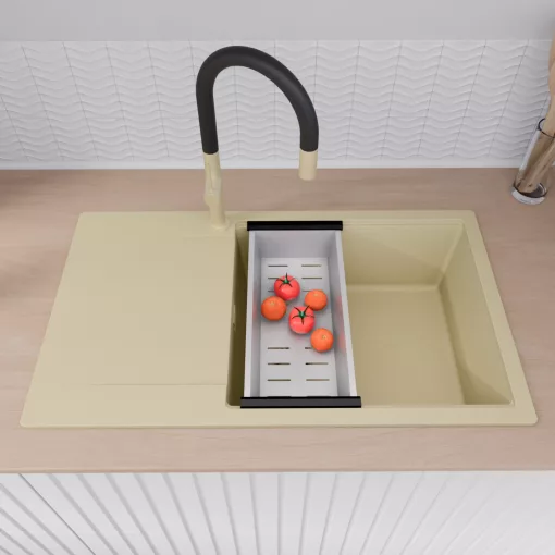 HD Onyx Beige 86-XL egymedencés mosogatótálca szett, acél csepegtetőkosárral, csepegtetőtálcával, soft bézs színben, szálcsiszolt arany leeresztő szifonnal