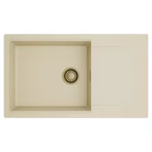 HD Onyx Beige 86-XL egymedencés mosogatótálca, csepegtetőtálcával, soft bézs színben, szálcsiszolt arany leeresztő szifonnal