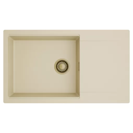 HD Onyx Beige 86-XL egymedencés mosogatótálca, csepegtetőtálcával, soft bézs színben, szálcsiszolt arany leeresztő szifonnal