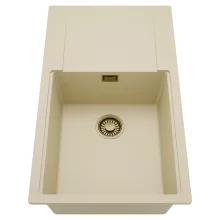 HD Onyx Beige 86-XL egymedencés mosogatótálca, csepegtetőtálcával, soft bézs színben, szálcsiszolt arany leeresztő szifonnal