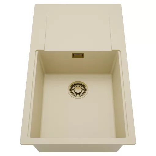 HD Onyx Beige 86-XL egymedencés mosogatótálca, csepegtetőtálcával, soft bézs színben, szálcsiszolt arany leeresztő szifonnal