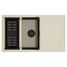 HD Onyx Beige 86-XL egymedencés mosogatótálca szett, matt fekete csepegtetőráccsal és kosárral, csepegtetőtálcával, soft bézs színben, matt fekete leeresztő szifonnal