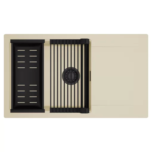 HD Onyx Beige 86-XL egymedencés mosogatótálca szett, matt fekete csepegtetőráccsal és kosárral, csepegtetőtálcával, soft bézs színben, matt fekete leeresztő szifonnal