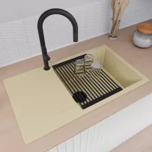 HD Onyx Beige 86-XL egymedencés mosogatótálca szett, matt fekete csepegtetőráccsal és kosárral, csepegtetőtálcával, soft bézs színben, matt fekete leeresztő szifonnal