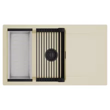 HD Onyx Beige 86-XL egymedencés mosogatótálca szett, matt fekete csepegtetőráccsal és krómozott kosárral, csepegtetőtálcával, soft bézs színben, matt fekete leeresztő szifonnal