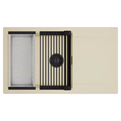 HD Onyx Beige 86-XL egymedencés mosogatótálca szett, matt fekete csepegtetőráccsal és krómozott kosárral, csepegtetőtálcával, soft bézs színben, matt fekete leeresztő szifonnal