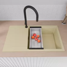 HD Onyx Beige 86-XL egymedencés mosogatótálca szett, matt fekete csepegtetőráccsal és krómozott kosárral, csepegtetőtálcával, soft bézs színben, matt fekete leeresztő szifonnal