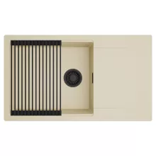 HD Onyx Beige 86-XL egymedencés mosogatótálca szett, matt fekete csepegtetőráccsal, csepegtetőtálcával, soft bézs színben, matt fekete leeresztő szifonnal