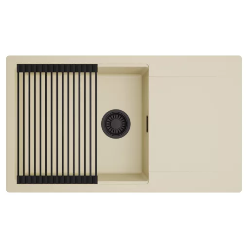 HD Onyx Beige 86-XL egymedencés mosogatótálca szett, matt fekete csepegtetőráccsal, csepegtetőtálcával, soft bézs színben, matt fekete leeresztő szifonnal