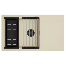 HD Onyx Beige 86-XL egymedencés mosogatótálca szett, acél csepegtetőráccsal és matt fekete kosárral, csepegtetőtálcával, soft bézs színben, matt fekete leeresztő szifonnal