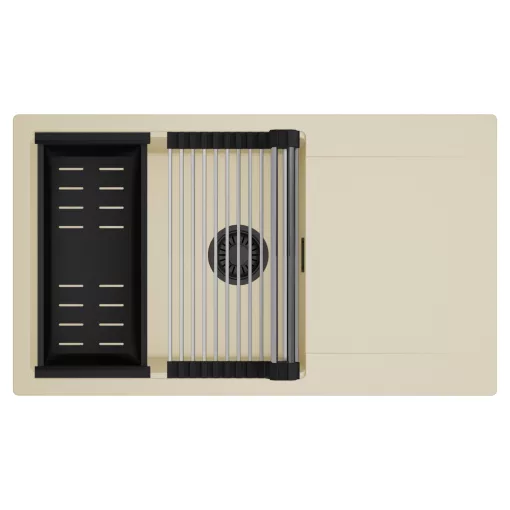 HD Onyx Beige 86-XL egymedencés mosogatótálca szett, acél csepegtetőráccsal és matt fekete kosárral, csepegtetőtálcával, soft bézs színben, matt fekete leeresztő szifonnal