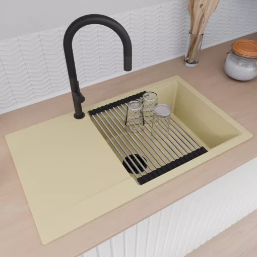 HD Onyx Beige 86-XL egymedencés mosogatótálca szett, acél csepegtetőráccsal és matt fekete kosárral, csepegtetőtálcával, soft bézs színben, matt fekete leeresztő szifonnal