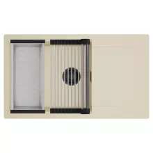 HD Onyx Beige 86-XL egymedencés mosogatótálca szett, acél csepegtetőráccsal és kosárral, csepegtetőtálcával, soft bézs színben, matt fekete leeresztő szifonnal