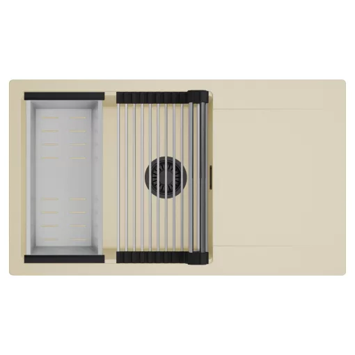 HD Onyx Beige 86-XL egymedencés mosogatótálca szett, acél csepegtetőráccsal és kosárral, csepegtetőtálcával, soft bézs színben, matt fekete leeresztő szifonnal