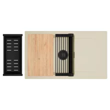 HD Onyx Beige 86-XL egymedencés gránit mosogatótálca szett, csepegtetőtálcával, vágódeszkával, matt fekete csepegtetőráccsal és kosárral, soft bézs színben, matt fekete leeresztő szifonnal