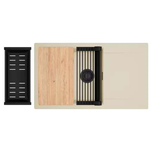 HD Onyx Beige 86-XL egymedencés gránit mosogatótálca szett, csepegtetőtálcával, vágódeszkával, matt fekete csepegtetőráccsal és kosárral, soft bézs színben, matt fekete leeresztő szifonnal