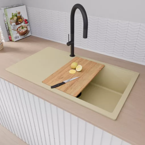 HD Onyx Beige 86-XL egymedencés gránit mosogatótálca szett, csepegtetőtálcával, vágódeszkával, matt fekete csepegtetőráccsal és kosárral, soft bézs színben, matt fekete leeresztő szifonnal