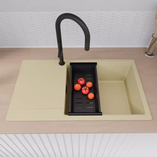 HD Onyx Beige 86-XL egymedencés gránit mosogatótálca szett, csepegtetőtálcával, vágódeszkával, matt fekete csepegtetőráccsal és kosárral, soft bézs színben, matt fekete leeresztő szifonnal