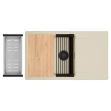 HD Onyx Beige 86-XL egymedencés gránit mosogatótálca szett, csepegtetőtálcával, vágódeszkával, matt fekete csepegtetőráccsal és krómozott kosárral, soft bézs színben, matt fekete leeresztő szifonnal