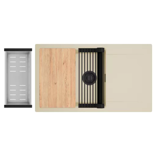 HD Onyx Beige 86-XL egymedencés gránit mosogatótálca szett, csepegtetőtálcával, vágódeszkával, matt fekete csepegtetőráccsal és krómozott kosárral, soft bézs színben, matt fekete leeresztő szifonnal