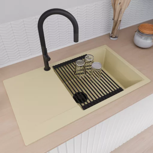 HD Onyx Beige 86-XL egymedencés gránit mosogatótálca szett, csepegtetőtálcával, vágódeszkával, matt fekete csepegtetőráccsal és krómozott kosárral, soft bézs színben, matt fekete leeresztő szifonnal