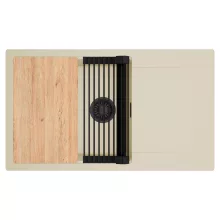 HD Onyx Beige 86-XL egymedencés gránit mosogatótálca szett, csepegtetőtálcával, vágódeszkával, matt fekete csepegtetőráccsal, soft bézs színben, matt fekete leeresztő szifonnal