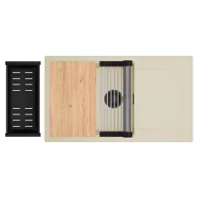 HD Onyx Beige 86-XL egymedencés gránit mosogatótálca szett, csepegtetőtálcával, vágódeszkával, acél csepegtetőráccsal és matt fekete kosárral, soft bézs színben, matt fekete leeresztő szifonnal