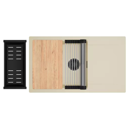 HD Onyx Beige 86-XL egymedencés gránit mosogatótálca szett, csepegtetőtálcával, vágódeszkával, acél csepegtetőráccsal és matt fekete kosárral, soft bézs színben, matt fekete leeresztő szifonnal