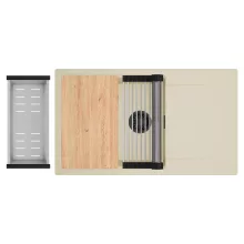 HD Onyx Beige 86-XL egymedencés gránit mosogatótálca szett, csepegtetőtálcával, vágódeszkával, acél csepegtetőráccsal és kosárral, soft bézs színben, matt fekete leeresztő szifonnal