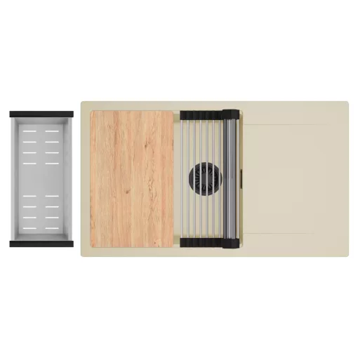 HD Onyx Beige 86-XL egymedencés gránit mosogatótálca szett, csepegtetőtálcával, vágódeszkával, acél csepegtetőráccsal és kosárral, soft bézs színben, matt fekete leeresztő szifonnal